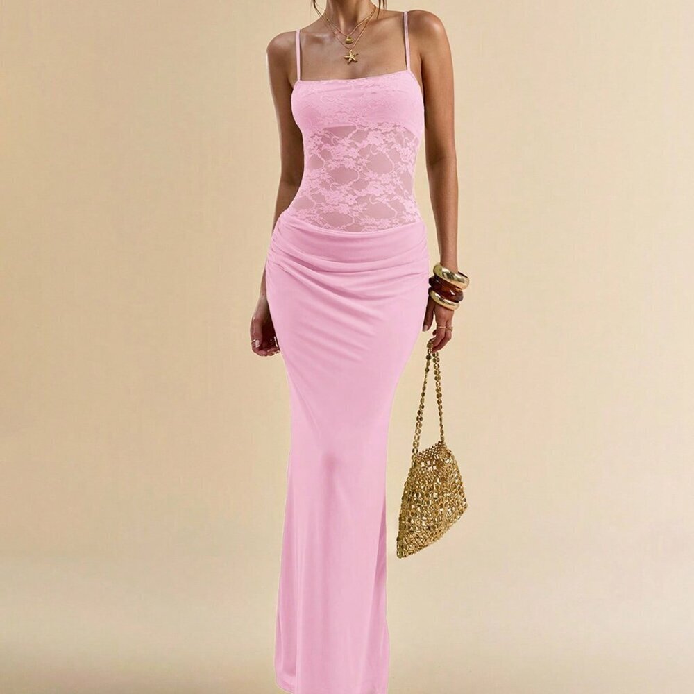 Baby Pink Sexy Women's Lace Ruffle Spaghetti Strap Party Dress